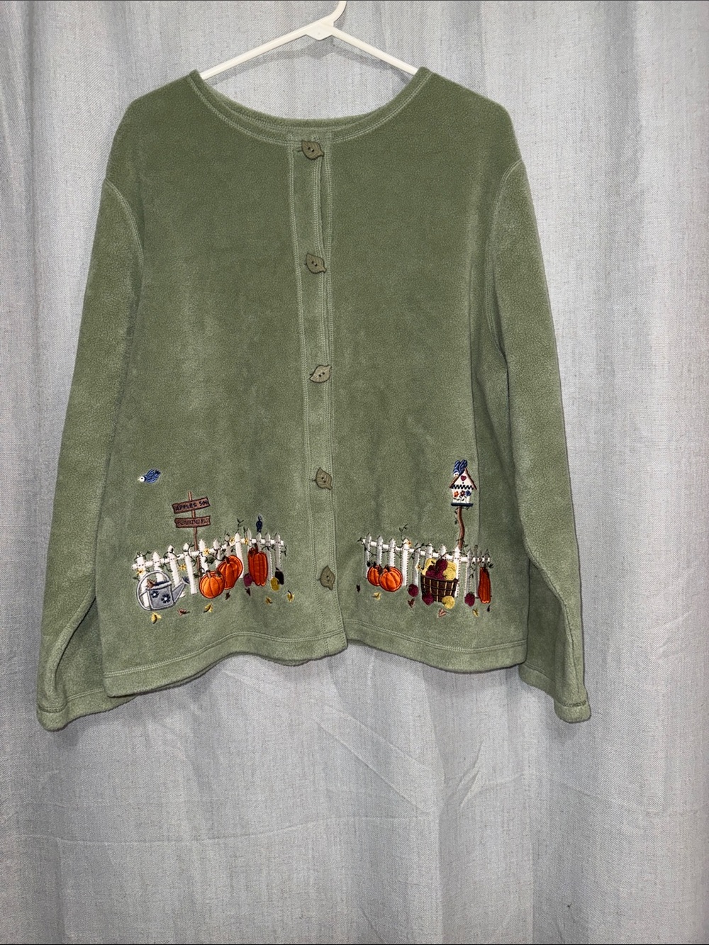 Vintage 90s Croft & Barrow Autumn Fleece Cardigan Sweater Sage Green Embroidered